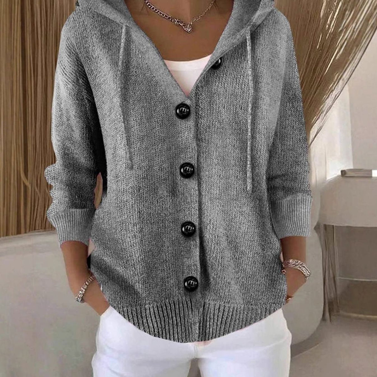 Hooded Button Up Cardigan Ribbed Knit