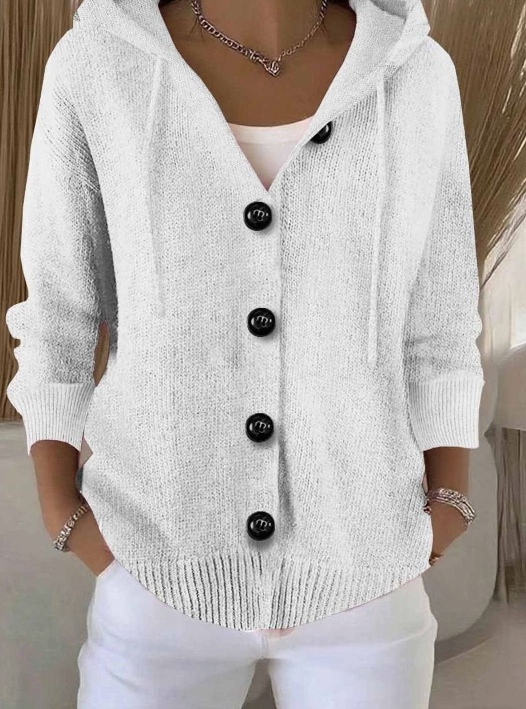 Hooded Button Up Cardigan Ribbed Knit