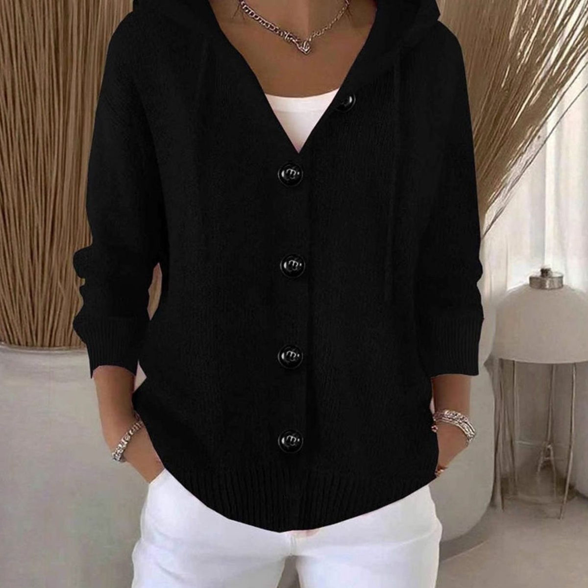 Hooded Button Up Cardigan Ribbed Knit