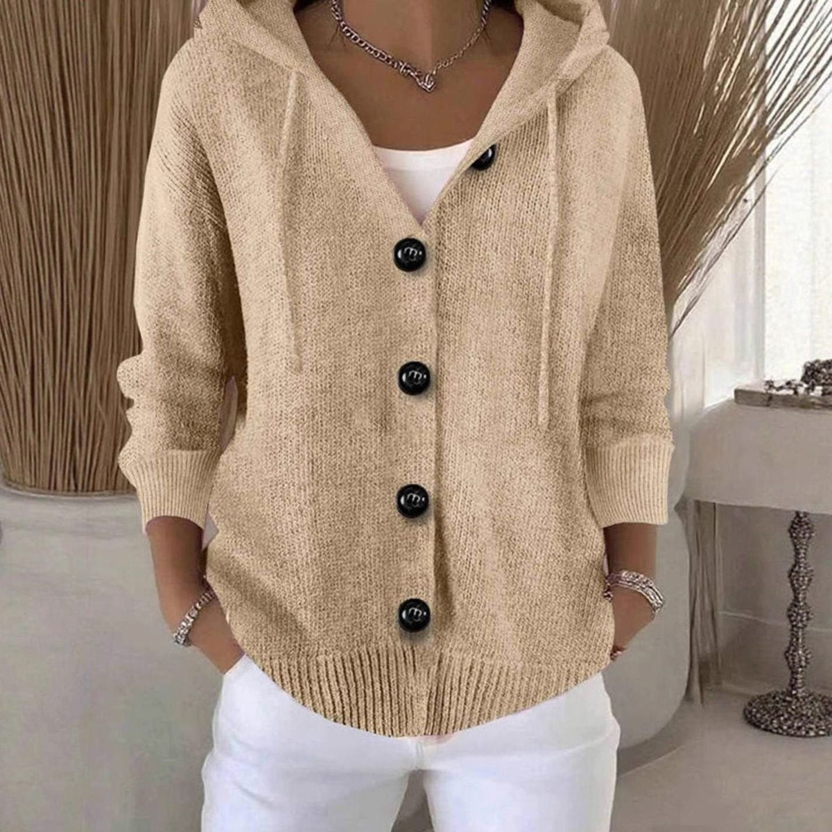 Hooded Button Up Cardigan Ribbed Knit