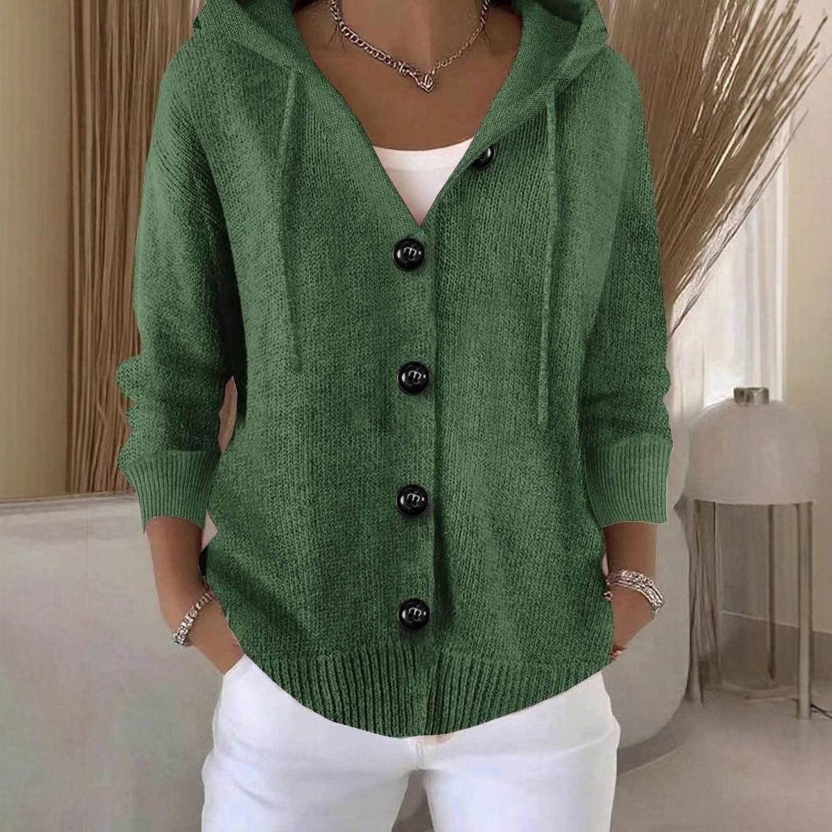Hooded Button Up Cardigan Ribbed Knit