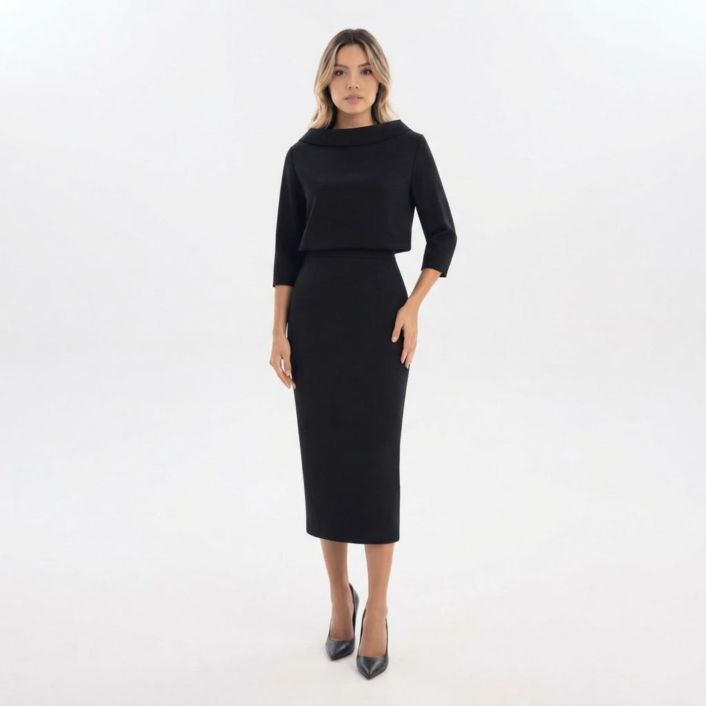Two Piece Midi Skirt Set Cowl Neck