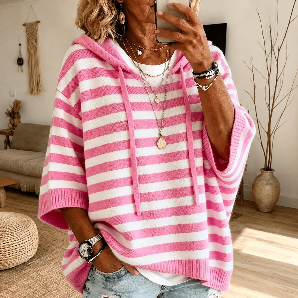 Hooded Sweater Oversized Short Sleeve