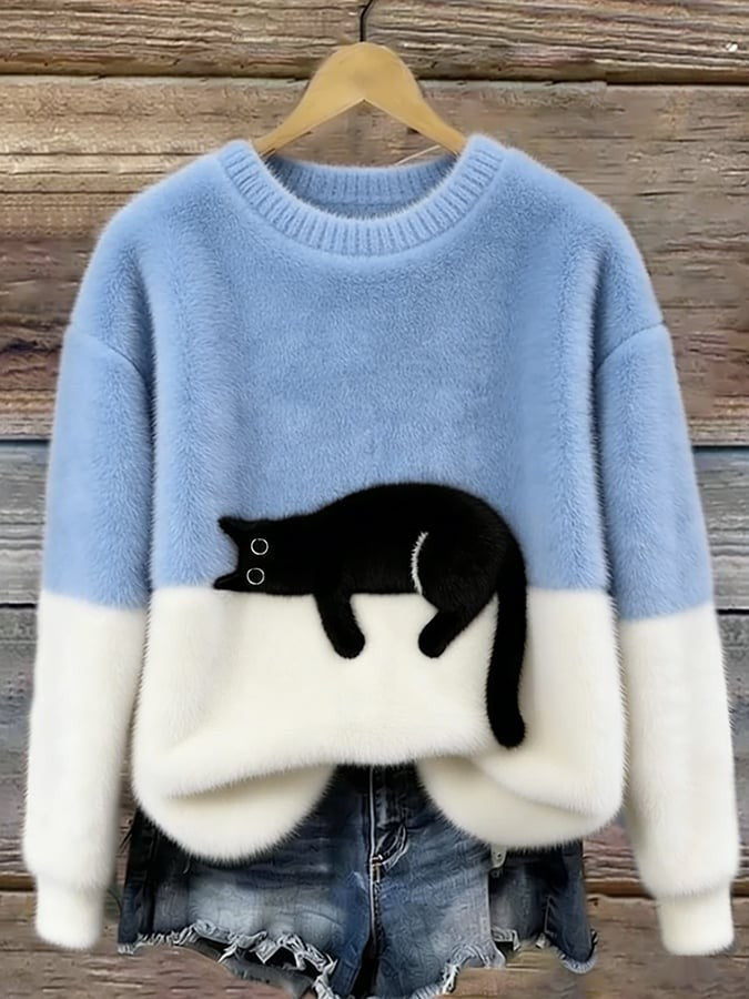 Sweater de felpa con estampado de gato y cuello redondo