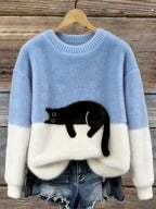 Sweater de felpa con estampado de gato y cuello redondo