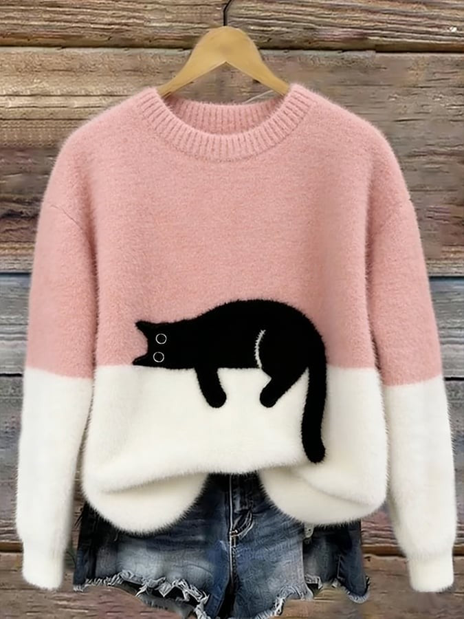 Sweater de felpa con estampado de gato y cuello redondo