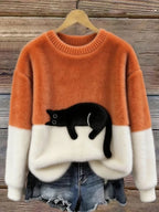Sweater de felpa con estampado de gato y cuello redondo