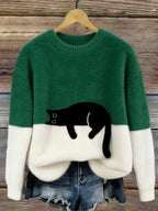 Sweater de felpa con estampado de gato y cuello redondo