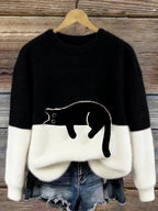 Sweater de felpa con estampado de gato y cuello redondo