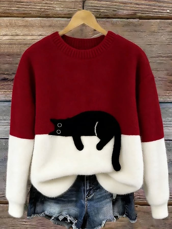 Sweater de felpa con estampado de gato y cuello redondo