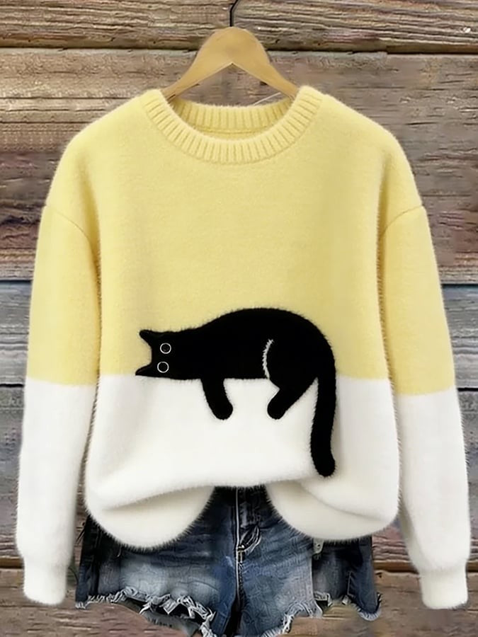 Sweater de felpa con estampado de gato y cuello redondo