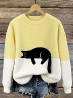 Sweater de felpa con estampado de gato y cuello redondo