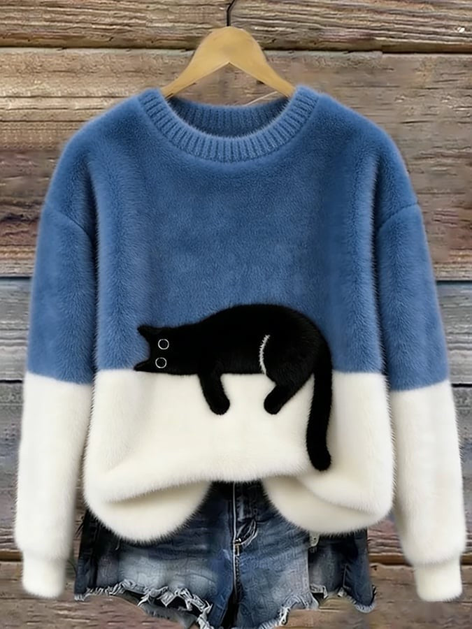 Sweater de felpa con estampado de gato y cuello redondo
