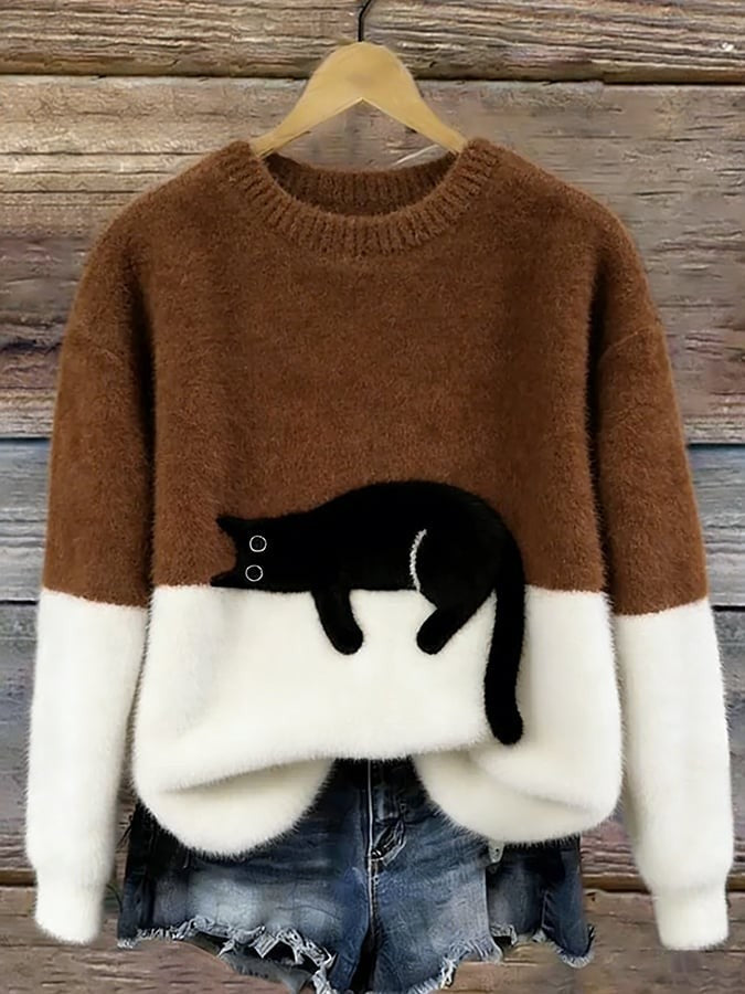 Sweater de felpa con estampado de gato y cuello redondo