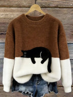 Sweater de felpa con estampado de gato y cuello redondo