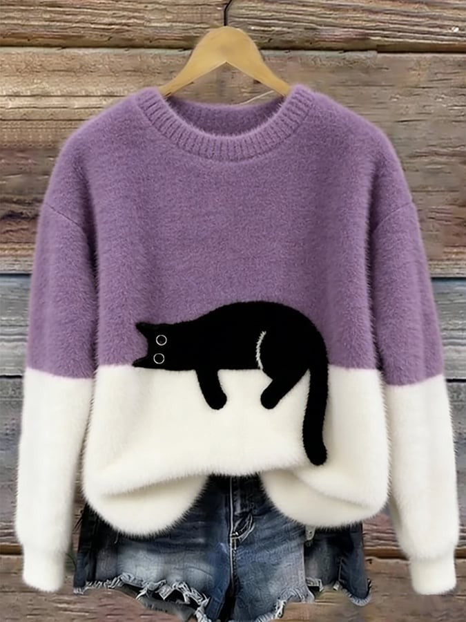Sweater de felpa con estampado de gato y cuello redondo