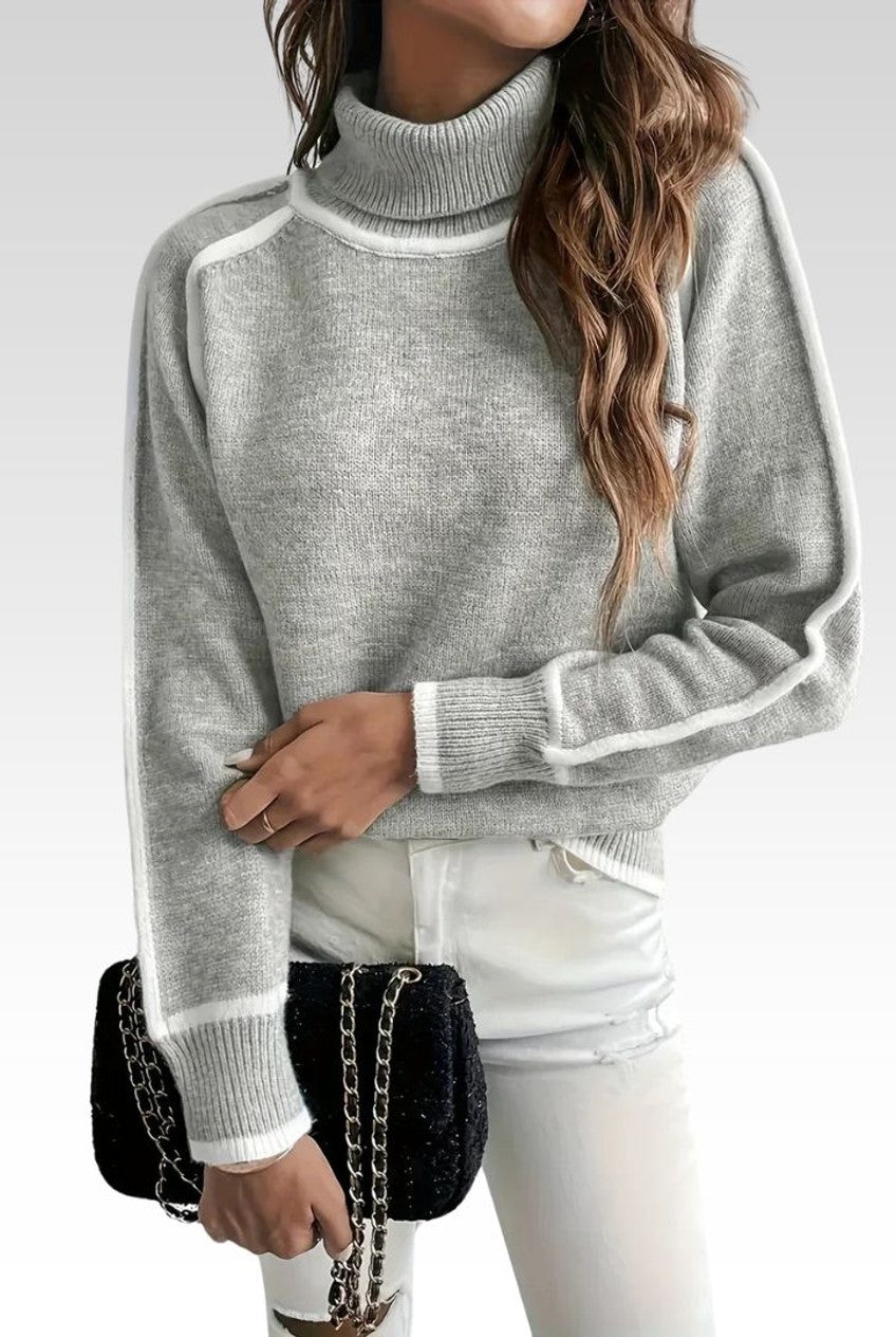 Stripe Trim Turtleneck Sweater Cropped