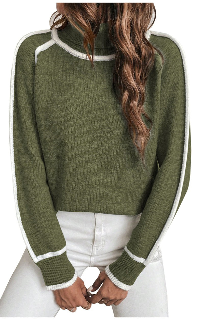 Sweater à col roulé avec bordure rayée, Cropped
