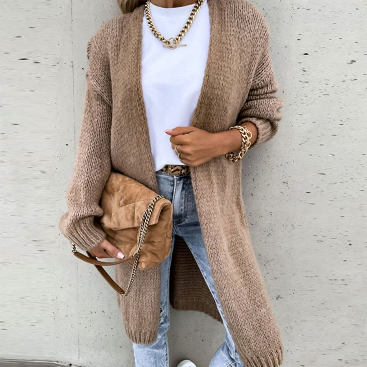 Oversized Long Cardigan Open Front Knit