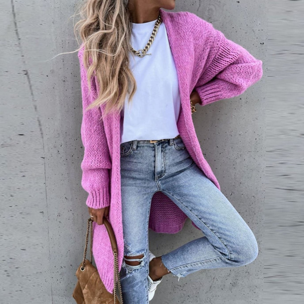 Oversized Long Cardigan Open Front Knit