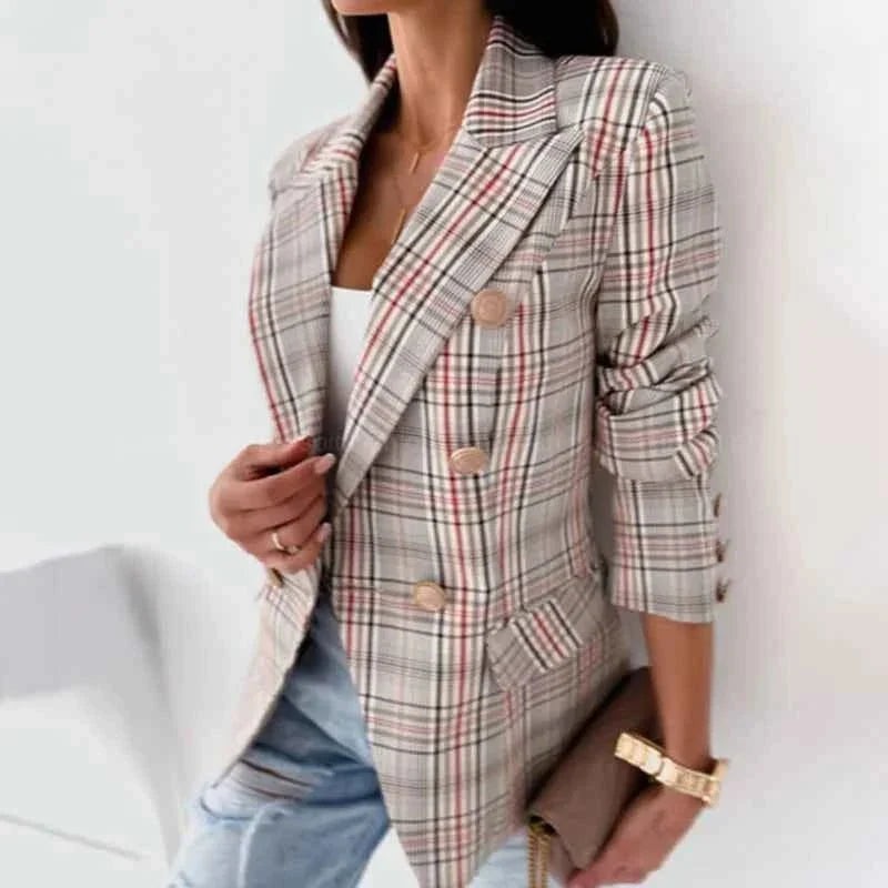 Double Breasted Plaid Blazer Notch Lapel
