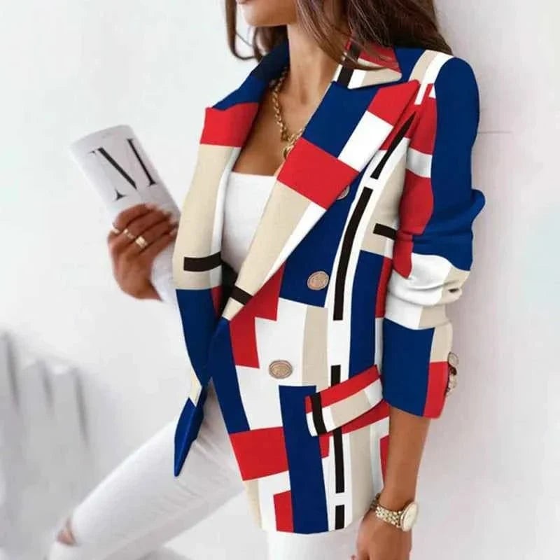 Double Breasted Plaid Blazer Notch Lapel