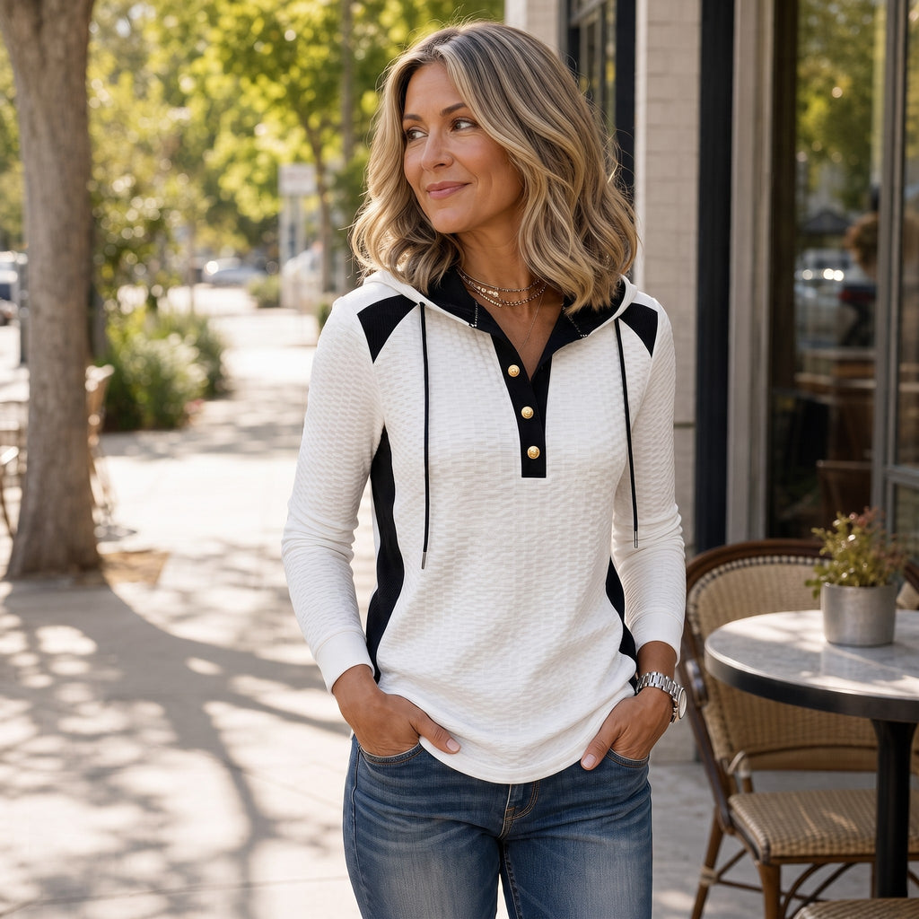 Top Hoodie Henley con botones delanteros y manga larga
