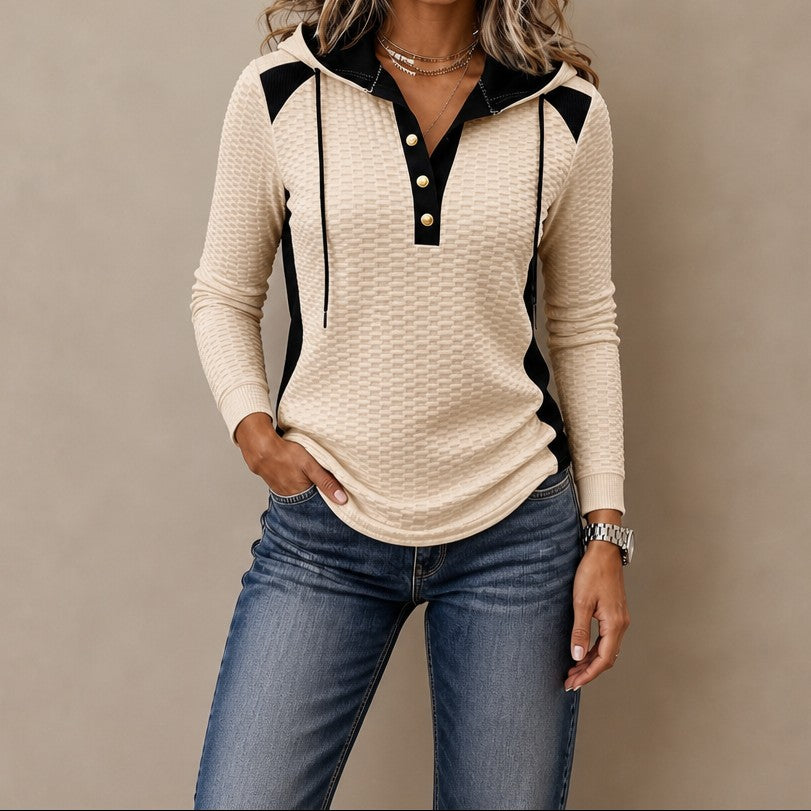 Top Hoodie Henley con botones delanteros y manga larga