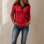 Top Hoodie Henley con botones delanteros y manga larga