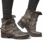 Studded Moto Ankle Boots Buckle Strap Side Zip