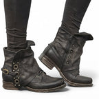 Studded Moto Ankle Boots Buckle Strap Side Zip