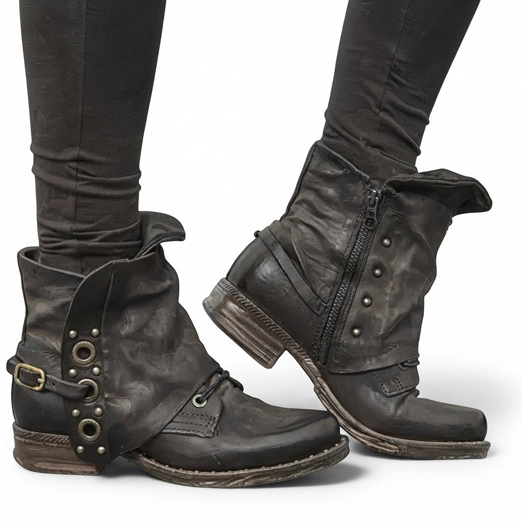Studded Moto Ankle Boots Buckle Strap Side Zip