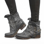 Studded Moto Ankle Boots Buckle Strap Side Zip
