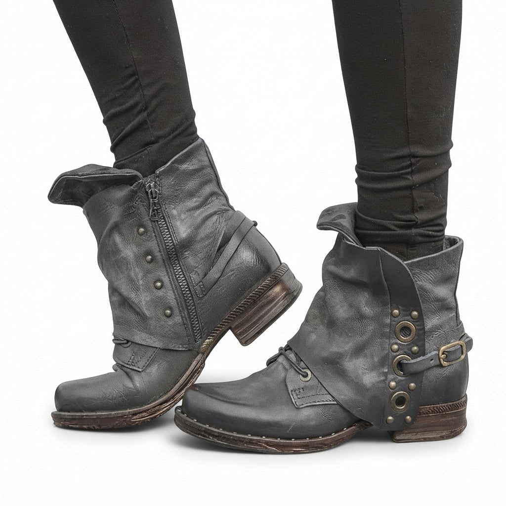 Studded Moto Ankle Boots Buckle Strap Side Zip