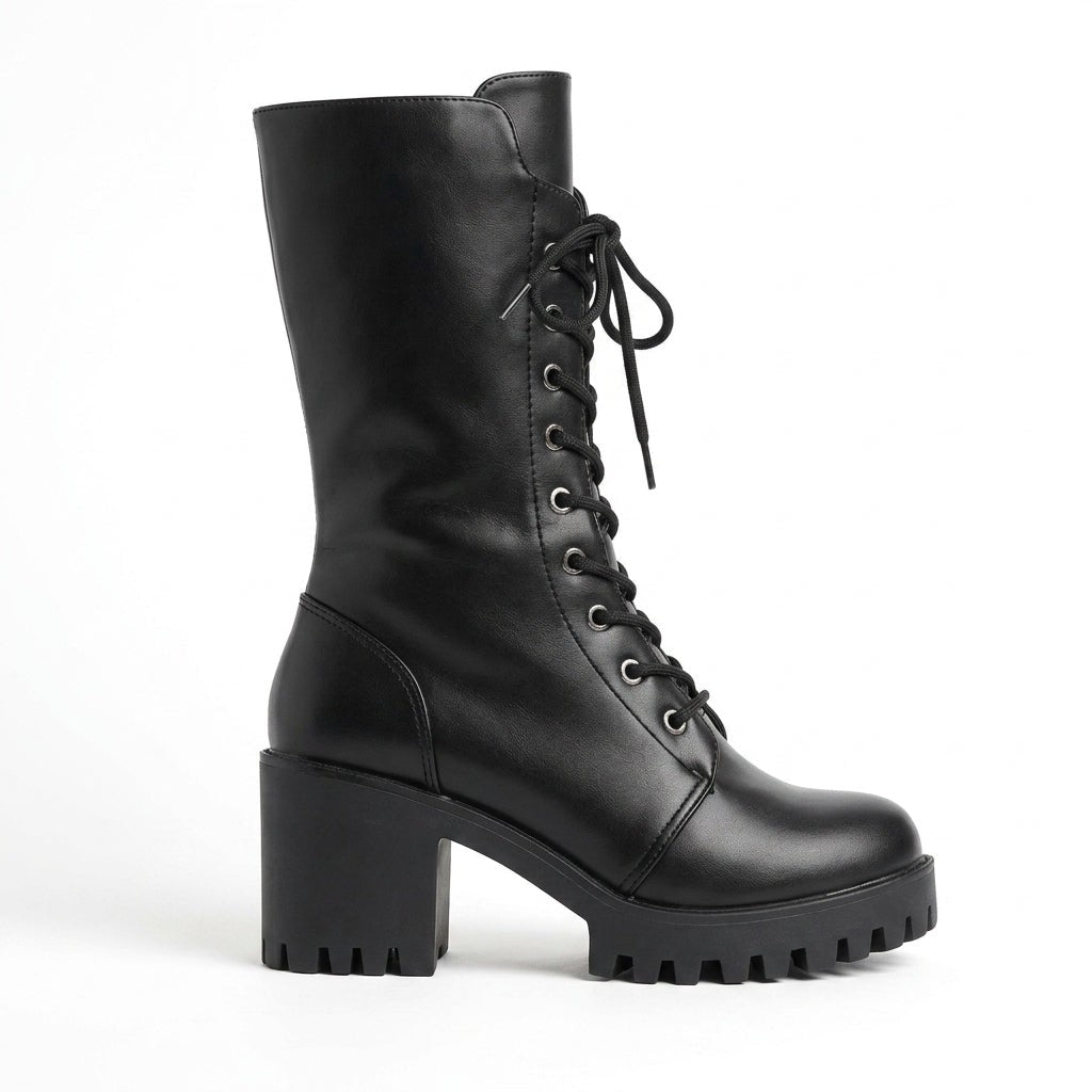 Botas de combate con cordones, tacón grueso y caña media