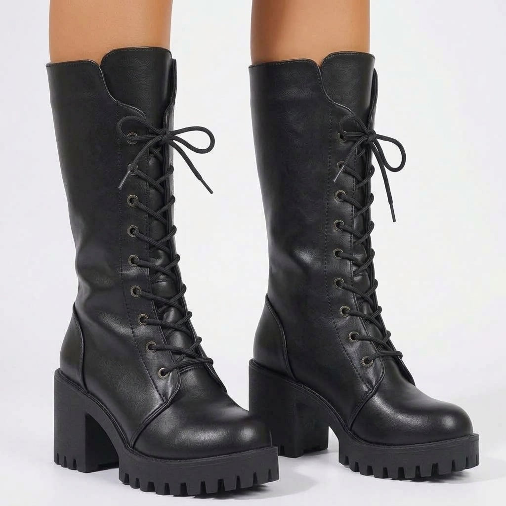 Botas de combate con cordones, tacón grueso y caña media